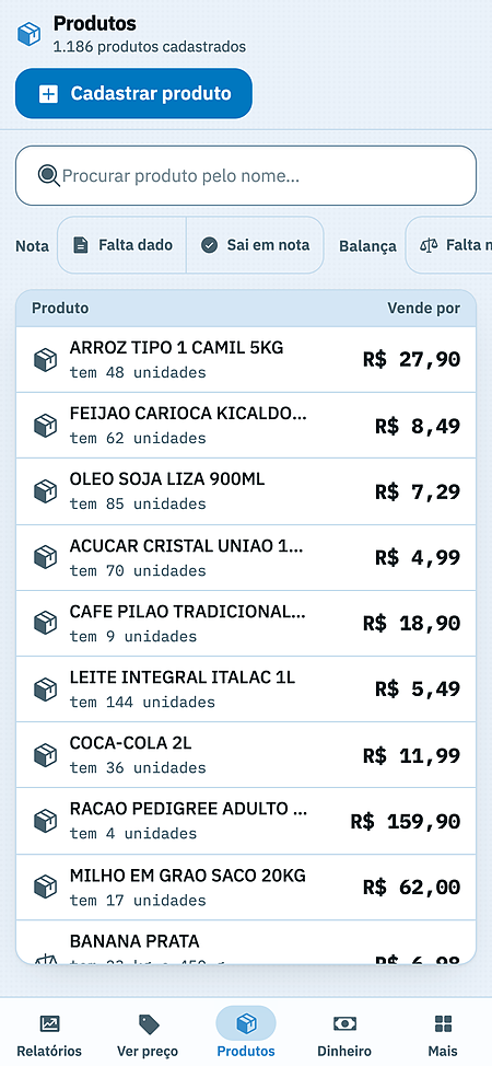 Produtos e preços do Avontz PDV no celular