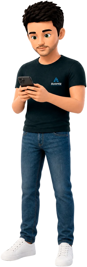 Mascote da Avontz olhando o celular